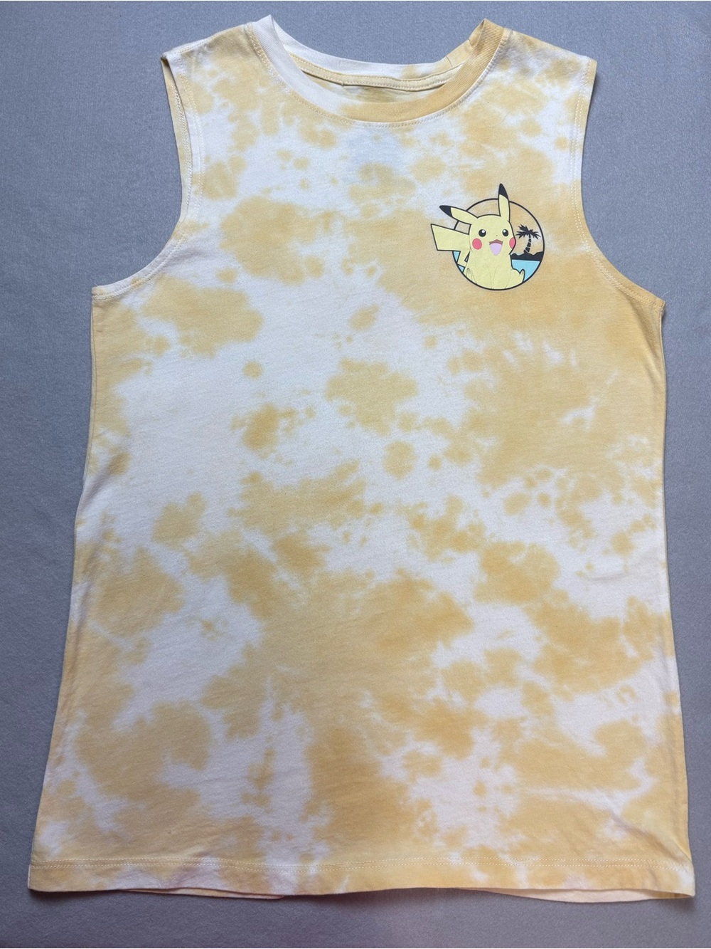 Pokemon Pikachu Tie Dye Sleeveless Muscle Tank Top XL Yellow White Beach Graphic